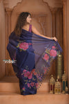 Festive Edit! Ganga Ghat ~ Handloom Pure Silk Kora Saree in Dark Blue with Floral Work ( Silk Mark Certified ) - verymuchindian.com