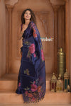 Festive Edit! Ganga Ghat ~ Handloom Pure Silk Kora Saree in Dark Blue with Floral Work ( Silk Mark Certified ) - verymuchindian.com