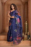 Festive Edit! Ganga Ghat ~ Handloom Pure Silk Kora Saree in Dark Blue with Floral Work ( Silk Mark Certified ) - verymuchindian.com