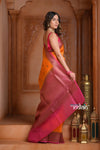 Festive Edit! Ganga Ghat ~ Handloom Pure Silk Kora Saree in Orange and Pink ( Silk Mark Certified ) - verymuchindian.com