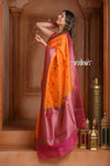 Festive Edit! Ganga Ghat ~ Handloom Pure Silk Kora Saree in Orange and Pink ( Silk Mark Certified ) - verymuchindian.com