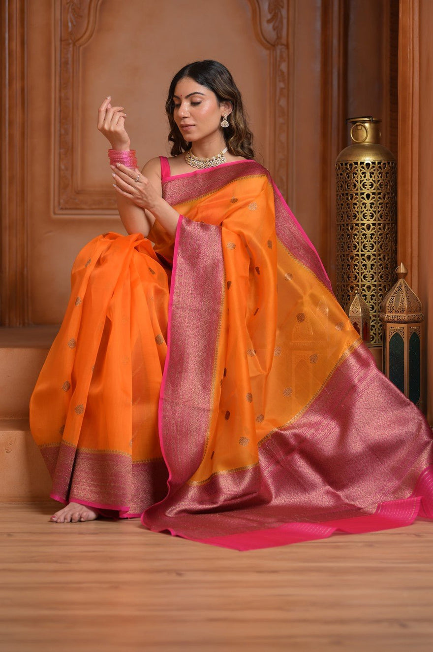 Festive Edit! Ganga Ghat ~ Handloom Pure Silk Kora Saree in Orange and Pink ( Silk Mark Certified ) - verymuchindian.com