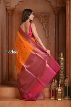 Festive Edit! Ganga Ghat ~ Handloom Pure Silk Kora Saree in Orange and Pink ( Silk Mark Certified ) - verymuchindian.com