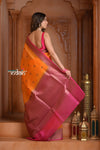 Festive Edit! Ganga Ghat ~ Handloom Pure Silk Kora Saree in Orange and Pink ( Silk Mark Certified ) - verymuchindian.com