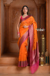 Festive Edit! Ganga Ghat ~ Handloom Pure Silk Kora Saree in Orange and Pink ( Silk Mark Certified ) - verymuchindian.com