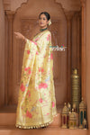 Festive Edit! Ganga Ghat ~ Handloom Pure Silk Saree with Digital Print in Lemon Yellow ( Silk Mark Certified ) - verymuchindian.com