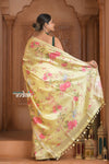 Festive Edit! Ganga Ghat ~ Handloom Pure Silk Saree with Digital Print in Lemon Yellow ( Silk Mark Certified ) - verymuchindian.com