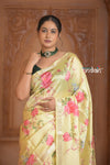 Festive Edit! Ganga Ghat ~ Handloom Pure Silk Saree with Digital Print in Lemon Yellow ( Silk Mark Certified ) - verymuchindian.com