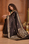 Festive Edit! Ganga Ghat ~ Handloom Pure Silk Satin Saree in Dark Brown ( Silk Mark Certified) - verymuchindian.com