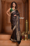 Festive Edit! Ganga Ghat ~ Handloom Pure Silk Satin Saree in Dark Brown ( Silk Mark Certified) - verymuchindian.com