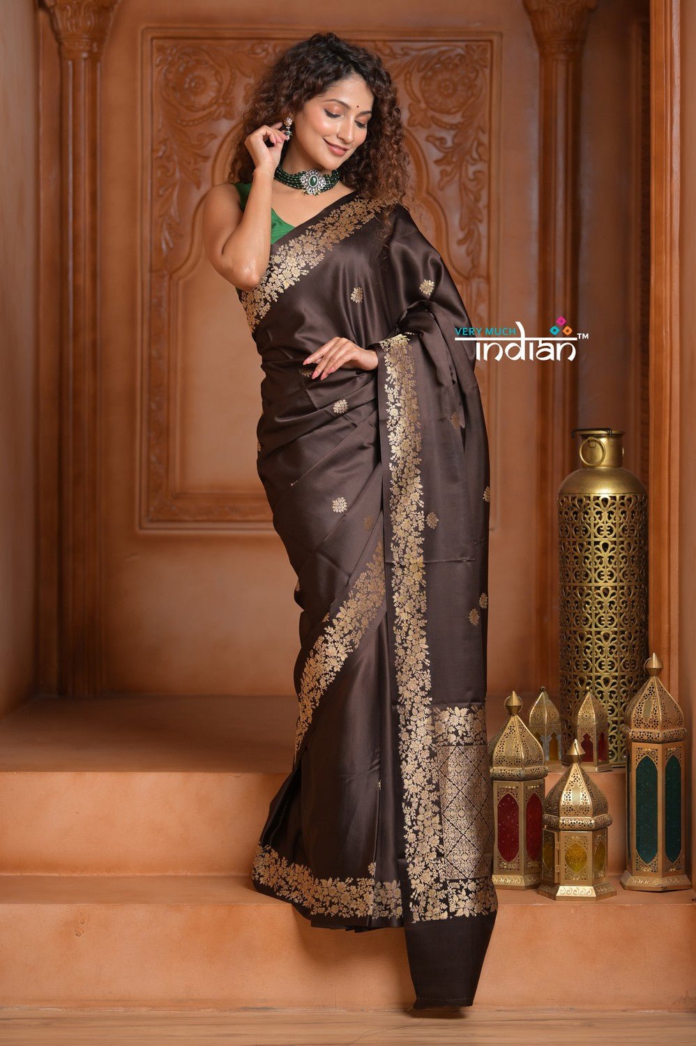 Festive Edit! Ganga Ghat ~ Handloom Pure Silk Satin Saree in Dark Brown ( Silk Mark Certified) - verymuchindian.com