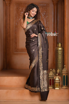 Festive Edit! Ganga Ghat ~ Handloom Pure Silk Satin Saree in Dark Brown ( Silk Mark Certified) - verymuchindian.com