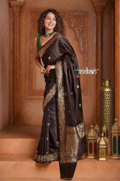 Festive Edit! Ganga Ghat ~ Handloom Pure Silk Satin Saree in Dark Brown ( Silk Mark Certified) - verymuchindian.com
