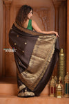 Festive Edit! Ganga Ghat ~ Handloom Pure Silk Satin Saree in Dark Brown ( Silk Mark Certified) - verymuchindian.com