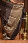 Festive Edit! Ganga Ghat ~ Handloom Pure Silk Satin Saree in Dark Brown ( Silk Mark Certified) - verymuchindian.com