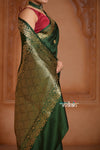 Festive Edit! Ganga Ghat ~ Handloom Pure Silk Satin Saree in Dark Green ( Silk Mark Certified) - verymuchindian.com