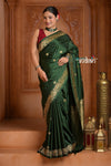 Festive Edit! Ganga Ghat ~ Handloom Pure Silk Satin Saree in Dark Green ( Silk Mark Certified) - verymuchindian.com