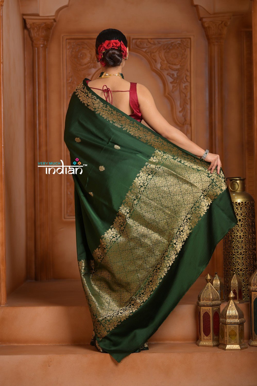 Festive Edit! Ganga Ghat ~ Handloom Pure Silk Satin Saree in Dark Green ( Silk Mark Certified) - verymuchindian.com