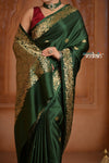 Festive Edit! Ganga Ghat ~ Handloom Pure Silk Satin Saree in Dark Green ( Silk Mark Certified) - verymuchindian.com