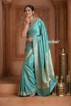 Festive Edit! Ganga Ghat ~ Handloom Pure Silk Satin Saree in Sea Blue ( Silk Mark Certified) - verymuchindian.com
