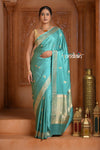 Festive Edit! Ganga Ghat ~ Handloom Pure Silk Satin Saree in Sea Blue ( Silk Mark Certified) - verymuchindian.com