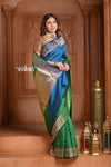 Festive Edit! Ganga Ghat ~ Handloom Pure Silk Satin Saree in Shades of Green and Blue ( Silk Mark Certified) - verymuchindian.com