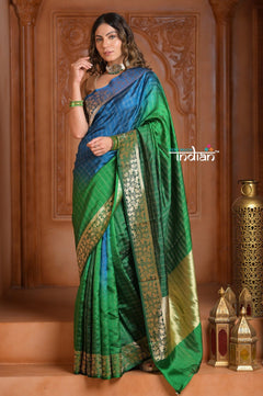 Festive Edit! Ganga Ghat ~ Handloom Pure Silk Satin Saree in Shades of Green and Blue ( Silk Mark Certified) - verymuchindian.com