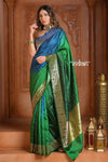 Festive Edit! Ganga Ghat ~ Handloom Pure Silk Satin Saree in Shades of Green and Blue ( Silk Mark Certified) - verymuchindian.com
