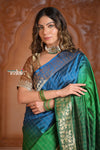 Festive Edit! Ganga Ghat ~ Handloom Pure Silk Satin Saree in Shades of Green and Blue ( Silk Mark Certified) - verymuchindian.com