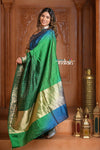 Festive Edit! Ganga Ghat ~ Handloom Pure Silk Satin Saree in Shades of Green and Blue ( Silk Mark Certified) - verymuchindian.com