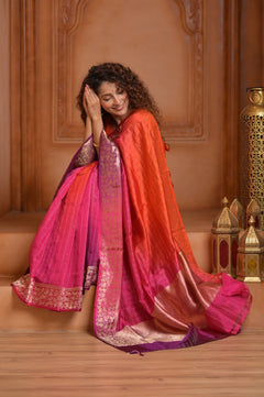 Festive Edit! Ganga Ghat ~ Handloom Pure Silk Satin Saree in Shades of Pink and Orange (Silk Mark Certified) - verymuchindian.com