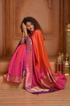 Festive Edit! Ganga Ghat ~ Handloom Pure Silk Satin Saree in Shades of Pink and Orange (Silk Mark Certified) - verymuchindian.com