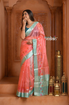 Festive Edit! Ganga Ghat ~ Handloom Pure Silk Tussar Kota Saree in Peach (Silk Mark Certified ) - verymuchindian.com