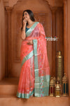 Festive Edit! Ganga Ghat ~ Handloom Pure Silk Tussar Kota Saree in Peach (Silk Mark Certified ) - verymuchindian.com