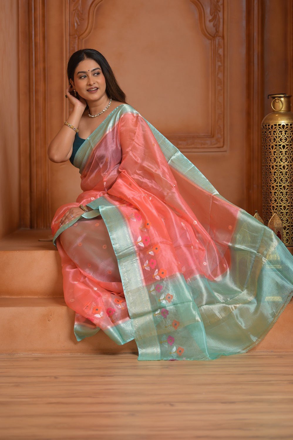 Festive Edit! Ganga Ghat ~ Handloom Pure Silk Tussar Kota Saree in Peach (Silk Mark Certified ) - verymuchindian.com