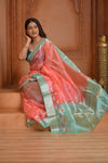 Festive Edit! Ganga Ghat ~ Handloom Pure Silk Tussar Kota Saree in Peach (Silk Mark Certified ) - verymuchindian.com