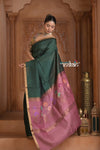 Festive Edit! Ganga Ghat ~ Handloom Pure Silk Tussar Saree in Dark Green and Pink ( Silk Mark Certified ) - verymuchindian.com