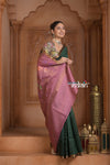 Festive Edit! Ganga Ghat ~ Handloom Pure Silk Tussar Saree in Dark Green and Pink ( Silk Mark Certified ) - verymuchindian.com
