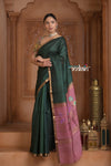 Festive Edit! Ganga Ghat ~ Handloom Pure Silk Tussar Saree in Dark Green and Pink ( Silk Mark Certified ) - verymuchindian.com
