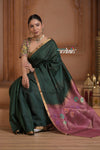 Festive Edit! Ganga Ghat ~ Handloom Pure Silk Tussar Saree in Dark Green and Pink ( Silk Mark Certified ) - verymuchindian.com