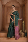 Festive Edit! Ganga Ghat ~ Handloom Pure Silk Tussar Saree in Dark Green and Pink ( Silk Mark Certified ) - verymuchindian.com