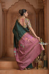 Festive Edit! Ganga Ghat ~ Handloom Pure Silk Tussar Saree in Dark Green and Pink ( Silk Mark Certified ) - verymuchindian.com