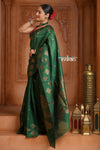 Festive Edit! Ganga Ghat ~ Handloom Pure Silk Tussar Saree in Dark Green (Silk Mark Certified) - verymuchindian.com