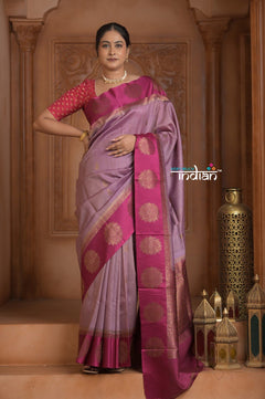 Festive Edit! Ganga Ghat ~ Handloom Pure Silk Tussar Saree in Lilac Pink (Silk Mark Certified) - verymuchindian.com