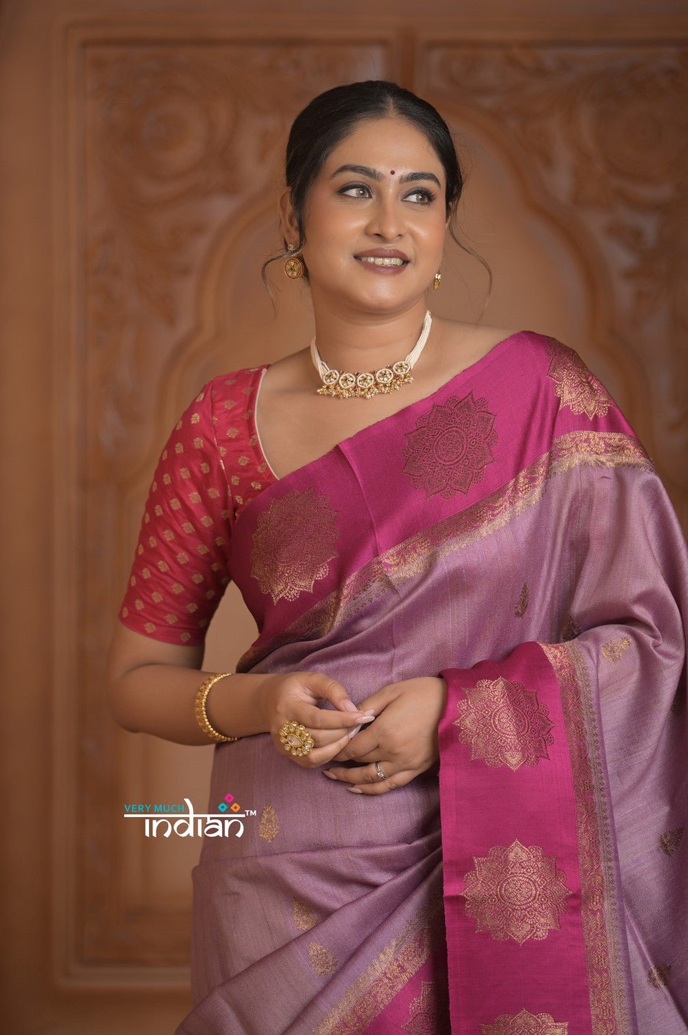 Festive Edit! Ganga Ghat ~ Handloom Pure Silk Tussar Saree in Lilac Pink (Silk Mark Certified) - verymuchindian.com