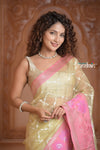 Festive Edit! Ganga Ghat ~ Handloom Pure Tissue Silk Saree in Champagne Yellow Pink (Silk Mark Certified) - verymuchindian.com
