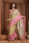 Festive Edit! Ganga Ghat ~ Handloom Pure Tissue Silk Saree in Champagne Yellow Pink (Silk Mark Certified) - verymuchindian.com