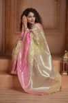 Festive Edit! Ganga Ghat ~ Handloom Pure Tissue Silk Saree in Champagne Yellow Pink (Silk Mark Certified) - verymuchindian.com