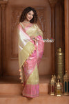 Festive Edit! Ganga Ghat ~ Handloom Pure Tissue Silk Saree in Champagne Yellow Pink (Silk Mark Certified) - verymuchindian.com