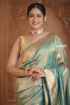 Festive Edit! Ganga Ghat ~ Handloom Pure Tissue Silk Saree in Cyan Blue (Silk Mark Certified) - verymuchindian.com